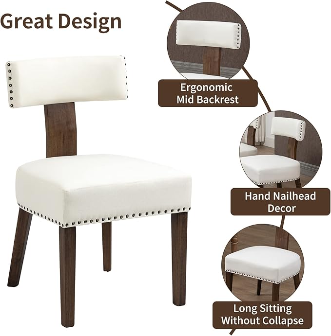 Upholstered Wooden Farmhouse Dining Chairs Set of 4, Mid-Century Modern Fabric Dining Room Chairs with Wood Legs, Curved Backrest Kitchen Armless for Living Room, Beige