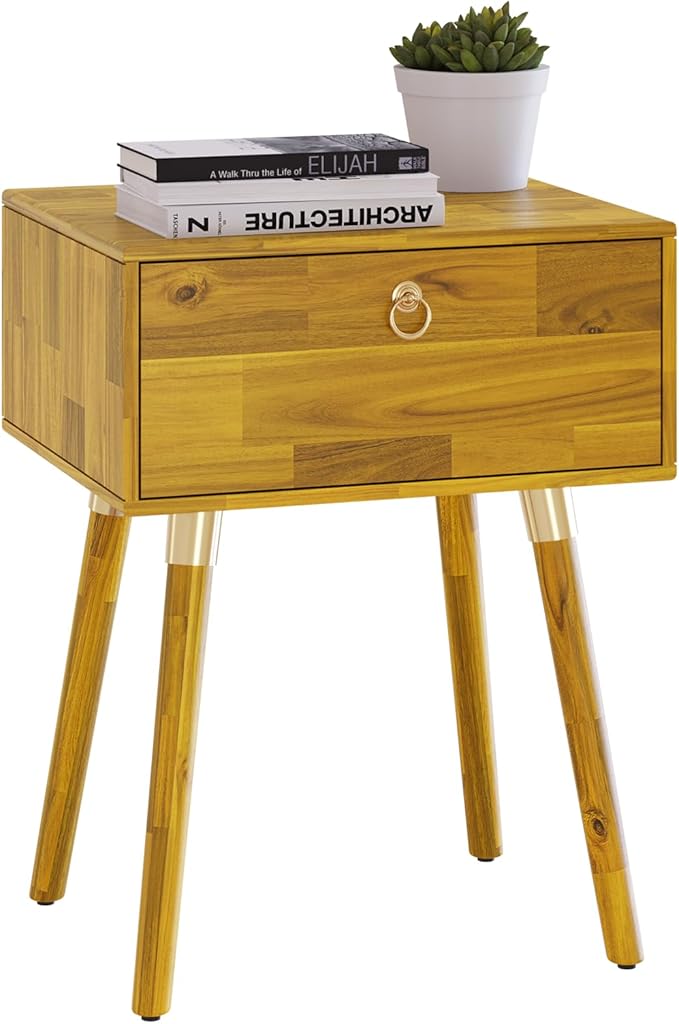 Bme Alden Wood Nightstand, Solid Wood End Table, Mid Century Modern Nightstand, Side Table with 1 Drawer, Compact for Bedroom, Living Room & Study Room, Easy Assembly, Honeyed Wood