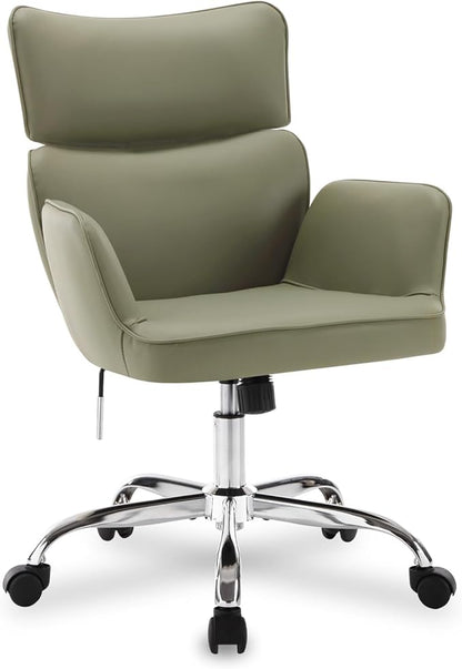BV Adjustable Desk Chair with Wheels for Make Up, Faux Leather Rolling Armchair, 360° Swivel Comfy Task Chair for Home Office, Green