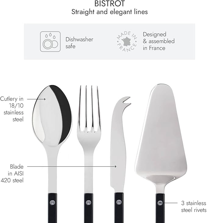 4-Piece Serving Set - Bistrot Collection - 2 Serving Flatware, Serrated Pie Server, Large Cheese Knife - Stainless Steel & Nylon - Dishwasher Safe - Black - Brilliant Finish