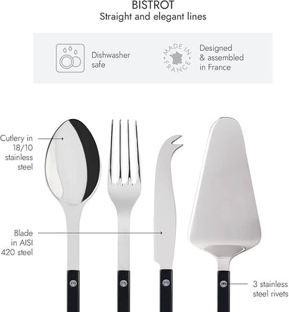 4-Piece Serving Set - Bistrot Collection - 2 Serving Flatware, Serrated Pie Server, Large Cheese Knife - Stainless Steel & Nylon - Dishwasher Safe - Black - Brilliant Finish