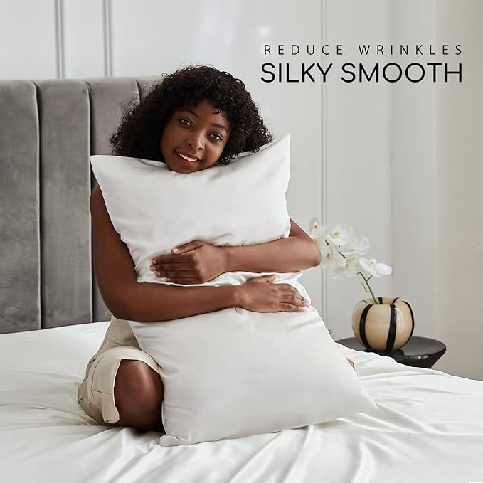 MR&HM Satin Bed Sheets, King Size Sheets Set, 6 Pcs Silky Bedding Set with 15 Inches Deep Pocket for Mattress (King, Ivory)