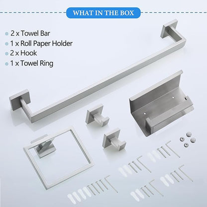 Brushed Nickel Bathroom Towel Bar Set Bathroom Accessories Hardware Set Including Double Towel Bar Towel Ring Coat Hook and Toilet Paper Holder with Shelf. Wall Mounted Stainless Steel