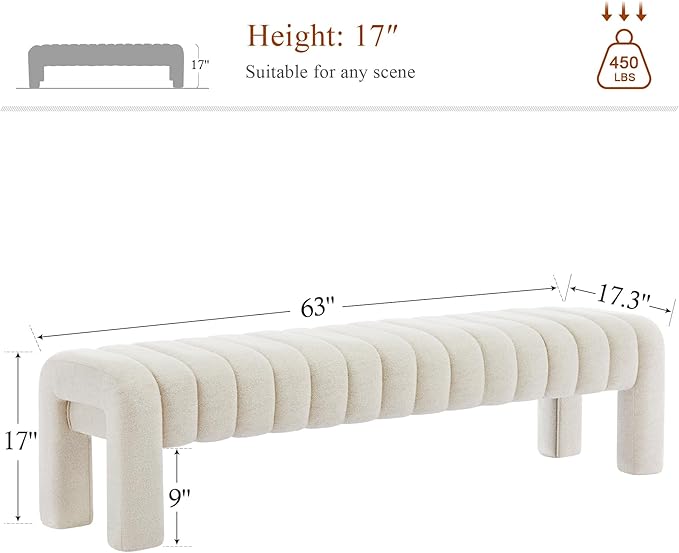 63’’ End of Bed Bench, Modern Linen Entryway Bench, Upholstered Ottoman Stool with Extra Length, Full Coverage Fabrics, Ottoman for Bedroom, Living Room, Dining Room, Beige
