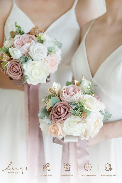 Ling's moment Artificial Flowers Pink Bridesmaid Bouquet, Dusty Rose Wedding Flowers Bouquets for Bridesmaids, 7 Inch Bridal Bouquets for Bridesmaids, Wedding, Ceremony, Anniversary, etc