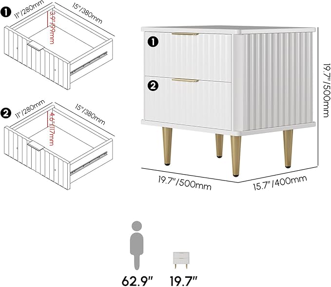 homary Modern Night Stand, White Night Stand with Drawers, Bedside Table with Gold Metal Legs for Bedroom Living Room