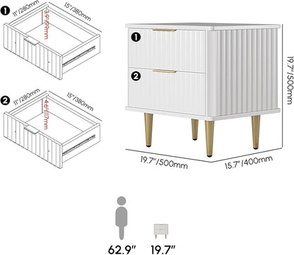 homary Modern Night Stand, White Night Stand with Drawers, Bedside Table with Gold Metal Legs for Bedroom Living Room