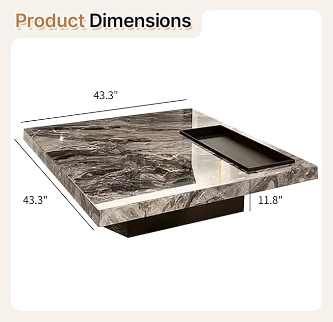 Modern Coffee Table for Living Room, 43.31" Large Square Living Room Table Gray Sintered Stone Tabletop with Black Stainless Steel Legs,Center Table for Home Office