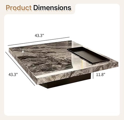 Modern Coffee Table for Living Room, 43.31" Large Square Living Room Table Gray Sintered Stone Tabletop with Black Stainless Steel Legs,Center Table for Home Office