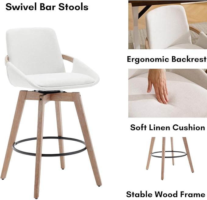 Mid-Century Swivel Bar Stools Set of 4, 26.5 inch Counter Height Barstools Linen Fabric Bar Chairs with Wooden Frame for Kitchen Island Dining Room, White