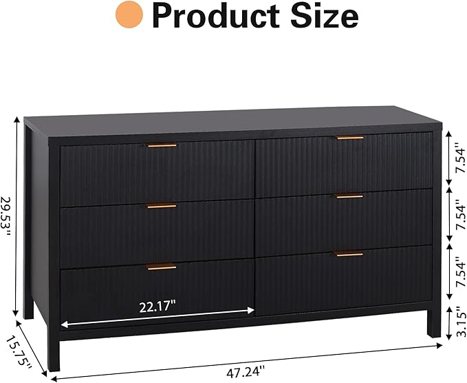 Fluted 6 Drawer Double Dresser for Bedroom, 47" Wide Modern Closet Dressers Chest of Drawers, Wood Storage Dresser Organizer for Nursery Bedroom Living Room Hallway Closet, Black