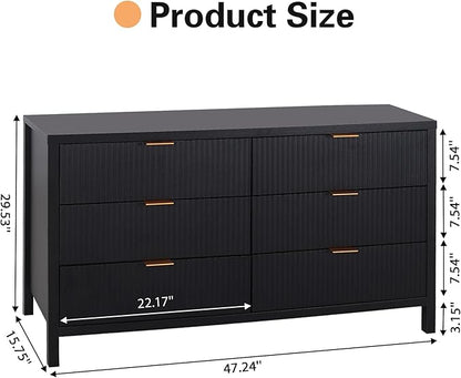 Fluted 6 Drawer Double Dresser for Bedroom, 47" Wide Modern Closet Dressers Chest of Drawers, Wood Storage Dresser Organizer for Nursery Bedroom Living Room Hallway Closet, Black