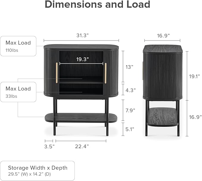 mopio Quin Storage Cabinet, Tambour Fluted Entryway Accent Console Tables, Buffet Sideboard with Doors & Shelves, Pantry Coffee Wine Bar Cabinet, Wood Console Table, Mid Century Modern (Black)