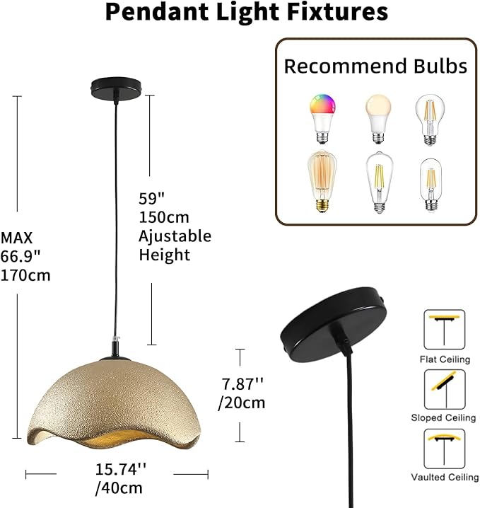 JAYMP 40cm Modern Pendant Light for Dining Room Kitchen Island Light Hanging Lamp E26 Base Japanese Wabi-Sabi Style Bird Nest Shape Lighting Fixture,1 Pack(Matte Gold,D Shape, 40cm/15.7inch)