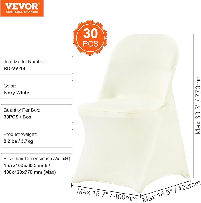 VEVOR Stretch Spandex Folding Chair Covers, Universal Fitted Chair Cover, Removable Washable Protective Slipcovers, for Wedding, Holiday, Banquet, Party, Celebration, Dining (30PCS Ivory White)