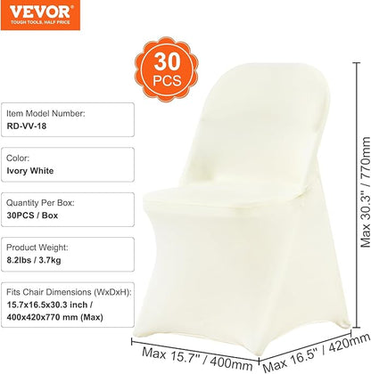 VEVOR Stretch Spandex Folding Chair Covers, Universal Fitted Chair Cover, Removable Washable Protective Slipcovers, for Wedding, Holiday, Banquet, Party, Celebration, Dining (30PCS Ivory White)