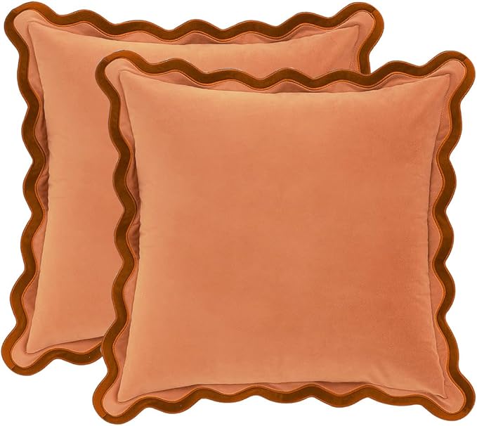 MONDAY MOOSE Decorative Throw Pillow Covers Cushion Cases, Set of 2 Soft Velvet Scalloped Wavy Edge Designs, Mix and Match for Home Decor, Pillow Inserts Not Included (Rust/Coral, 18x18 inch)