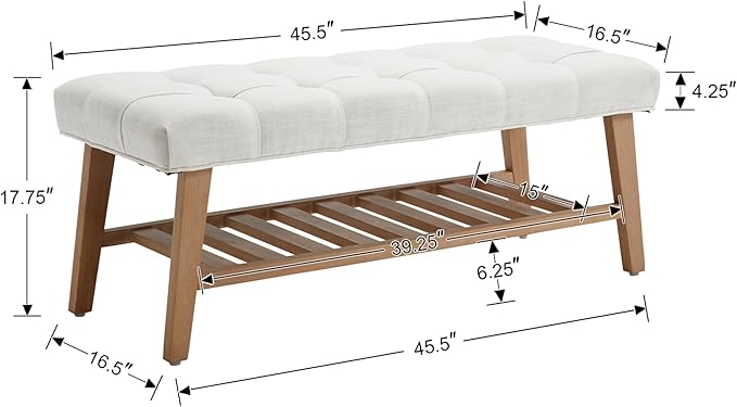 Wooden Entryway Bench for End of Bed Bench with Shoe Shelf Farmhouse Button Tufted Linen Fabric Upholstered Hallway Bench for Living Room/Bedroom/Hallway/Window Corner, Ivory