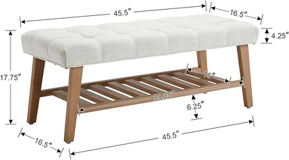 Wooden Entryway Bench for End of Bed Bench with Shoe Shelf Farmhouse Button Tufted Linen Fabric Upholstered Hallway Bench for Living Room/Bedroom/Hallway/Window Corner, Ivory
