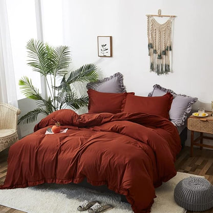 CLOTHKNOW Rust Ruffles King Size Comforter Set Farmhouse Bedding Comforter Sets Burnt Orange Comforter Soft Shabby Chic Comforter Vintage Rustic Bedding Sets