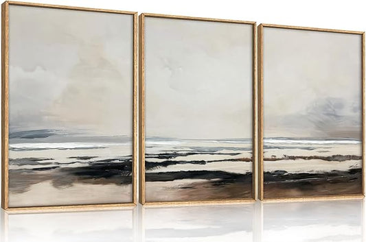 HOURIA Large Neutral Abstract Gray Framed Wall Art Set,Minimalist Modern Beige Brown Landscape Wall Decor,Wilderness Filed Artwork,Watercolor Misty Lake Print for Living Room,Bedroom,Office- 24"x36"x3