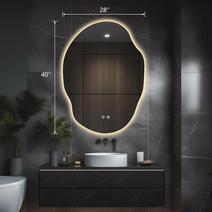 Asymmetrical LED Bathroom Mirror with Lights,Irregular Led Bathroom Vanity Mirror for Wall with Front and Backlit, Anti Fog, 3 Colors and Dimmable Light,[Horizontal/Vertical] 40" H x 30" W
