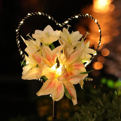 Starryfill Garden Solar Lights Outdoor Heart-Shaped with White Lily Flowers, Metal Stake Lights with 25led Warm White Decorative for Remembrance Gifts Cemetery Decorations Birthday's Day