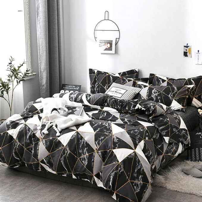 CLOTHKNOW Black Grey White Queen Comforter Set Marble Bedding Comforter Sets Soft Triangle Geometric Comforter with 2 x Pillow Cases