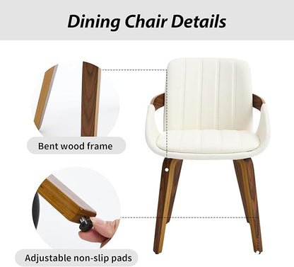 Dining Chairs Set of 2, Mid Century Modern Dining Room Chairs with Arms and Mid Back PU Leather Upholstered Bentwood Kitchen Chairs for Home Restaurant Office - Beige
