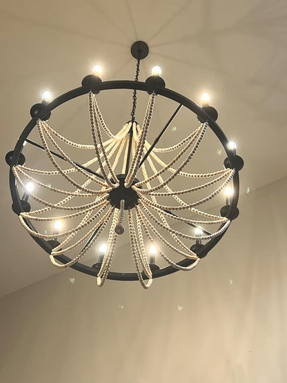 Wellmet Wood Bead Chandelier 38", 12 Light Black Wagon Wheel Chandelier, Farmhouse Dining Room Pendant Light Fixtures Bohemian Coastal Chandeliers for Foyer, Kitchen, Living Room, Entryway, Bedroom