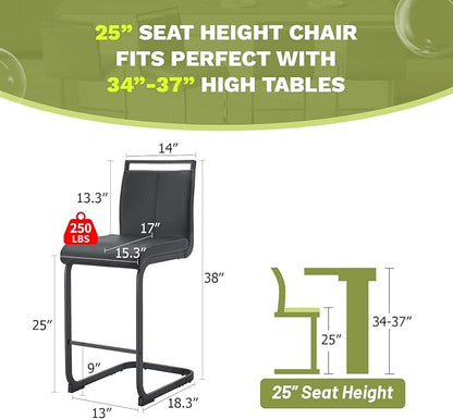 Bar Stools Set of 2,25" Counter Height Bar Stools with Footrest,Black Faux Leather Kitchen Stools with Black Painted Metal Leg,Counter Height Stool Ideal for Island Pub Kitchen Counter Dining Chair