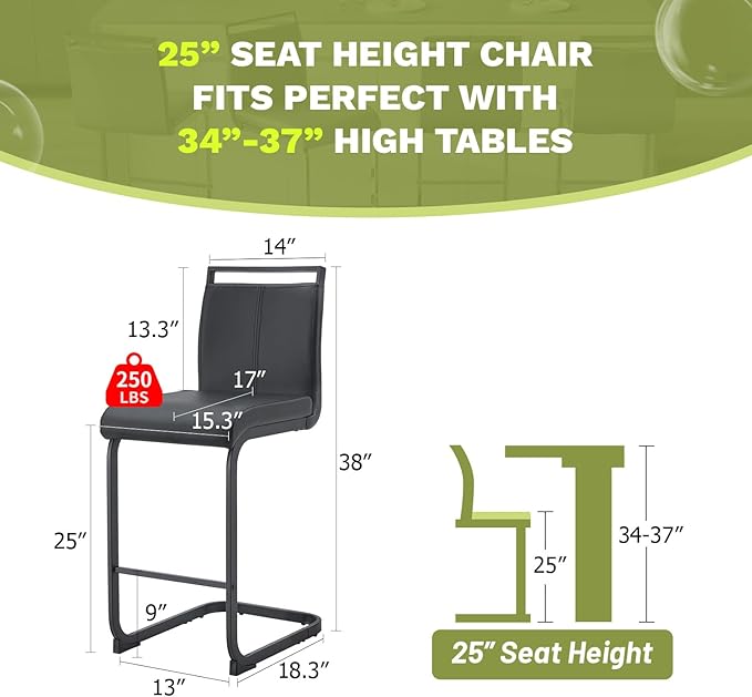 Bar Stools Set of 4,25" Counter Height Bar Stools with Footrest,Black Faux Leather Kitchen Stool with Black Painted Metal Leg,Counter Height Stool Ideal for Island Pub Kitchen Counter Dining Chair