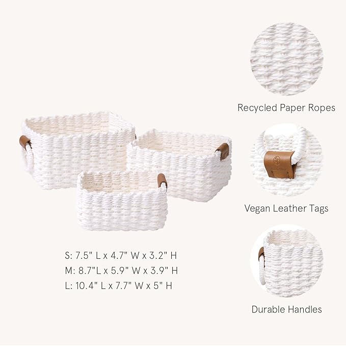 LA JOLIE MUSE Woven Storage Baskets for Organizing, Recycled Paper Rope Basket Bin Divider for Makeup Towel Shelf Cupboards Drawer, Decorative White Storage Basket Set of 3