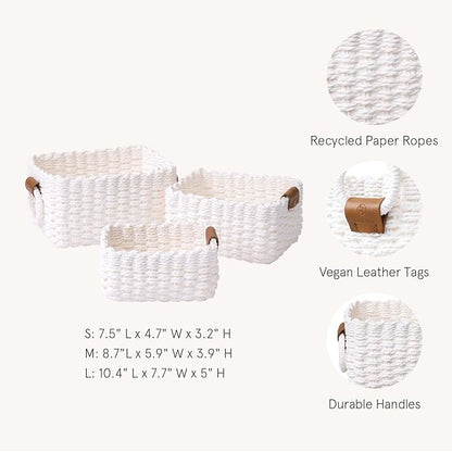 LA JOLIE MUSE Woven Storage Baskets for Organizing, Recycled Paper Rope Basket Bin Divider for Makeup Towel Shelf Cupboards Drawer, Decorative White Storage Basket Set of 3