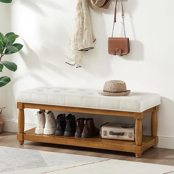 24KF Large Rectangular Upholstered Tufted Bed Bench, Linen Fabric Storage Ottoman Bench for Living Room, Padded Entryway Bench with Solid Wood Shelf,5098-Ivory