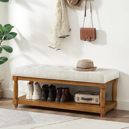 24KF Large Rectangular Upholstered Tufted Bed Bench, Linen Fabric Storage Ottoman Bench for Living Room, Padded Entryway Bench with Solid Wood Shelf,5098-Ivory