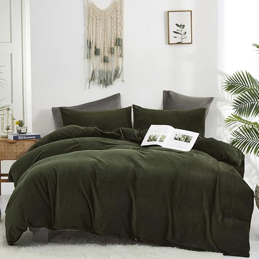 CLOTHKNOW Army Green Velvet Comforter Set Twin/Twin XL 3Pcs Dark Green Bedding Comforter Sets Hunter Green Comforter Soft Olive Green Comforter Sets