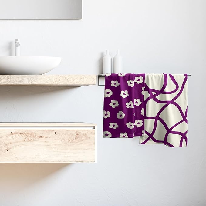 Modern Style Kitchen Towels Set of 2 Purple Floral Quick Dry Microfiber Dish Towels
