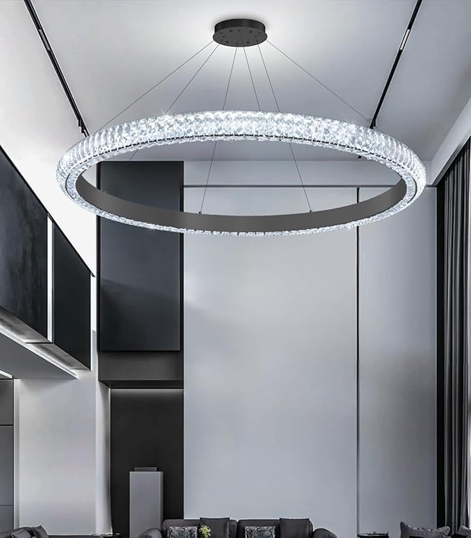 40" 1 Ring Crystal Chandelier Modern LED Dimmable Ring Pendant Light Chandelier for Dining Room Living Room Black
