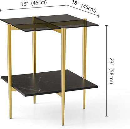 Glass End Table, Mid-Century Modern Design Sofa Table, for Living Room, L18 x W18 x H23 in, Clear Glass Top and Walnut MDF Shelf, Sleek Conical Metal Legs with Gold Finish Frame