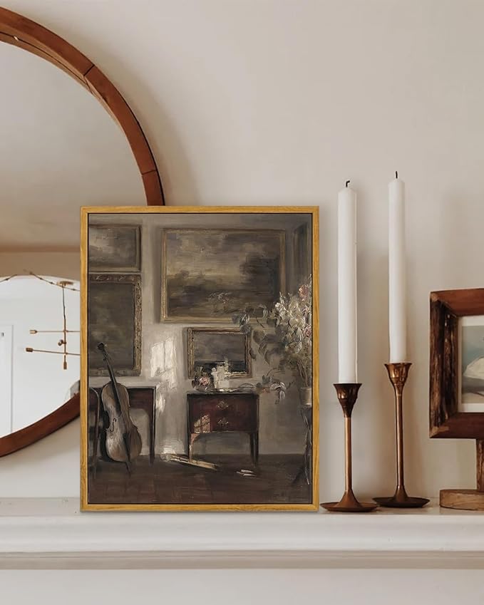 KBKBART Vintage Framed Wall Art , Farmhouse Decor Moody Still Life Canvas Oil Painting Vintage Dark Bathroom Art Prints, Neutral Antique Art Wall Decor for Bedroom, Living Room, Gallery, Gifts for Friends or Family (12"x16")