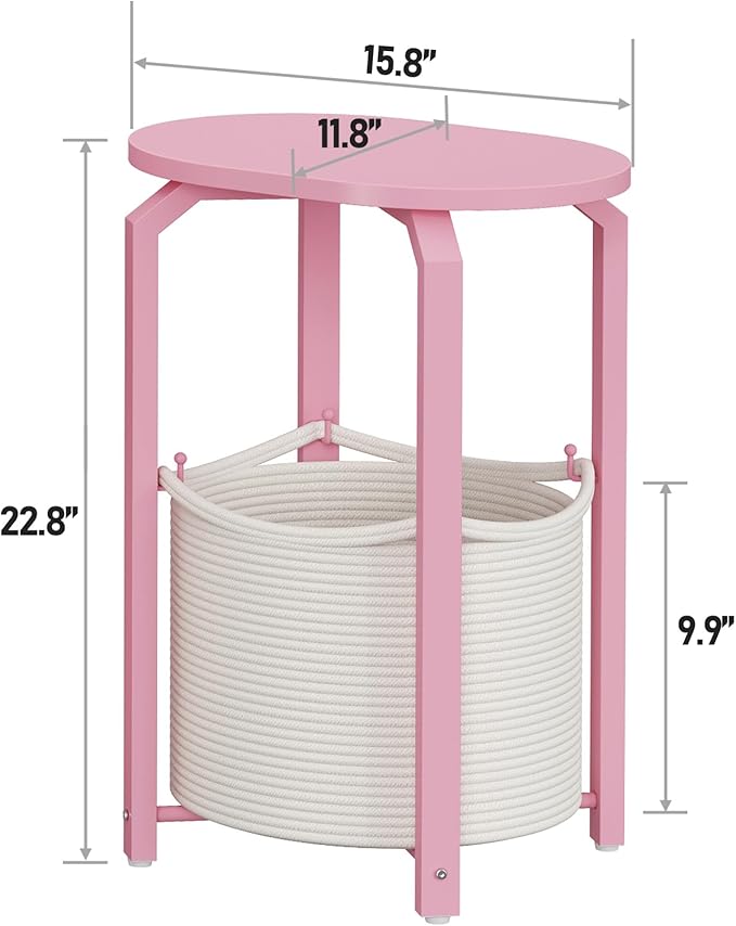 TUTOTAK Small Side Table, Oval End Table, Night Stand, Bedside Table, Sofa Table with Storage Basket, Living Room, Bed Room, Pink TB01BP093