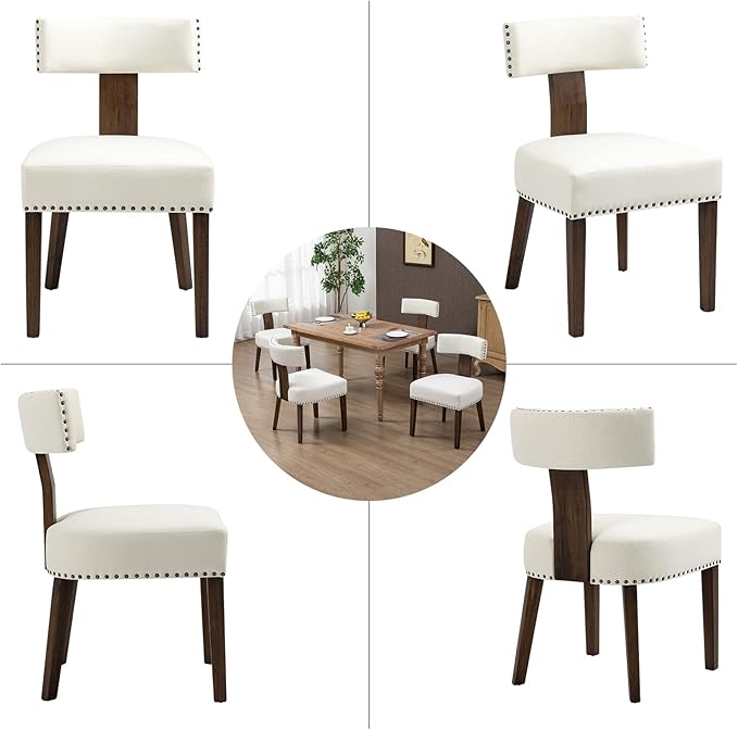 Upholstered Wooden Farmhouse Dining Chairs Set of 6, Mid-Century Modern Fabric Dining Room Chairs with Wood Legs, Curved Backrest Kitchen Chair Armless for Kitchen/Restaurant/Cafe, Beige