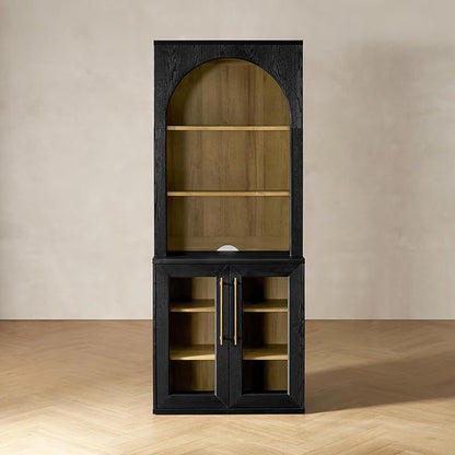 mopio Blake Storage Accent Cabinet with Hutch, Sideboard Buffet Cabinet with Storage, Kitchen Pantry Organizer, Coffee Bar Station, Trophy Display Case with Door & Shelf for Living Room (Black Oak Acrylic)