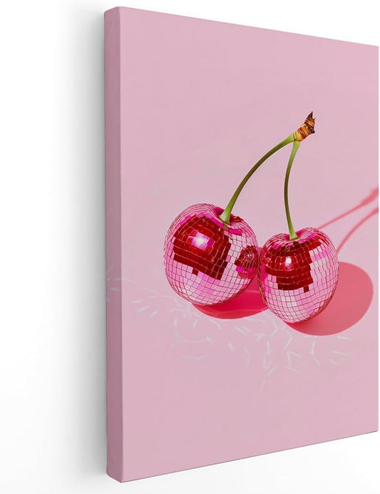 APJYM Trendy Hot Pink Disco Ball Cherry Wall Art, Preppy Room Decor, Y2K Room Decor, Funky Y2K Aesthetic Wall Art for Girls Bedroom Dorm Apartment, 16x24 Inches Framed