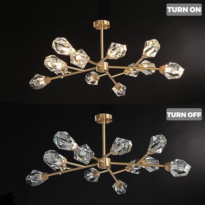 Mid Century Modern Chandelier Sputnik Crystal Chandeliers Ceiling Light Fixtures 12-Light Brass Gold Pendant Lighting for Dining Room, Kitchen Island, Living Room, AP-RYX-12LGBL