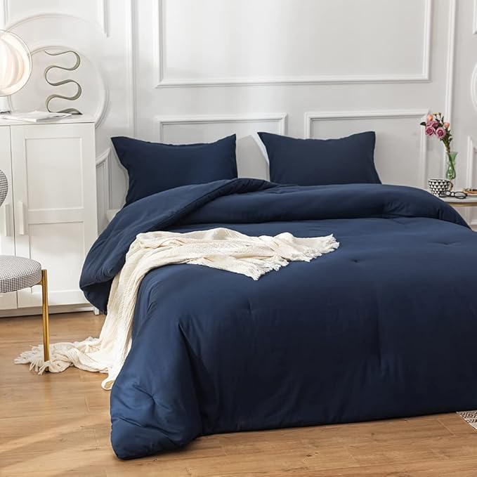Pureant Navy Blue Comforter Set - Full Size Breathable Soft Comforter with 2 Pillowcases