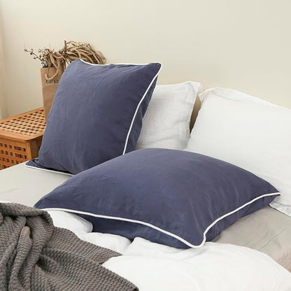 Simple&Opulence 100% Linen Euro Sham Covers with Piping Trim, 26"x26" Pillow Cover Set of 2, Breathable Pillow Shams for Bed Couch Decorative Cushions, Classic Blue