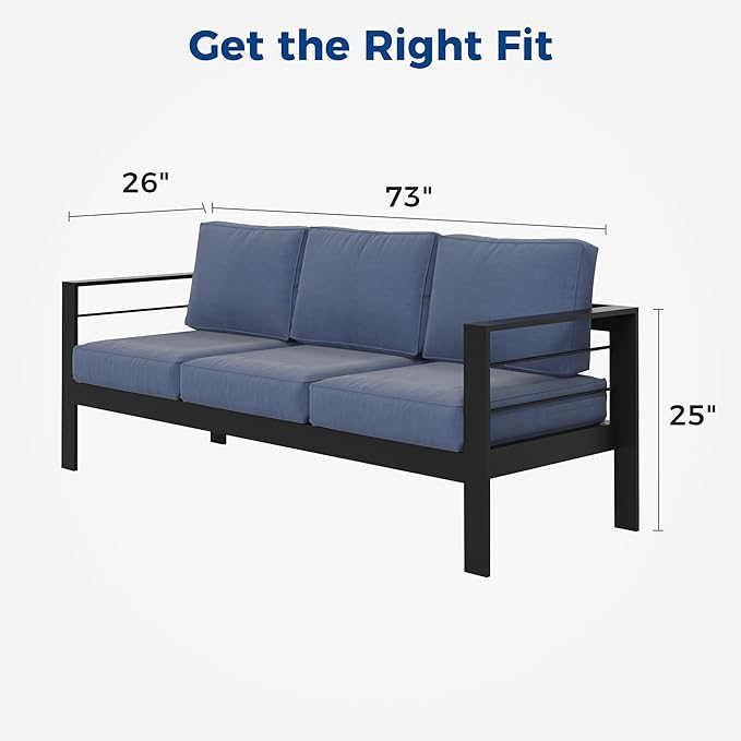 Wisteria Lane Patio Furniture Aluminum Outdoor Chair, All-Weather Outdoor 3 Seats Chair, Black Metal Chair with Blue Cushions