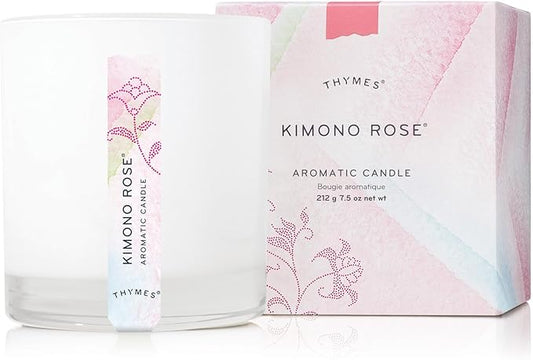 Thymes Aromatic Jar Candle - Kimono Rose Scented Candle for a Floral Home Fragrance - Matte White Candles (7.5 oz)